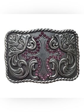Vintage 2005 Enmon Ornate Cross Belt Buckle Pink Rhinestone Faith Western